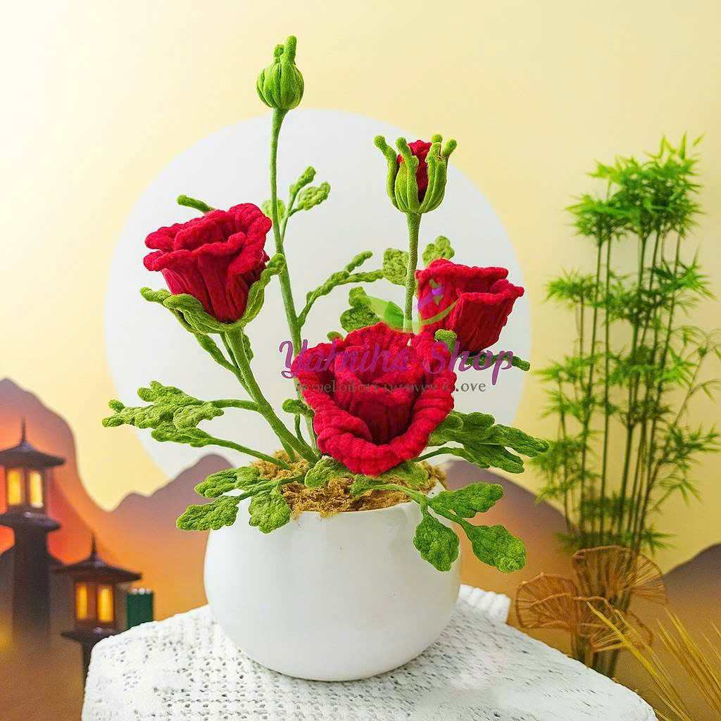 Chậu hoa hồng đỏ 3 bông bằng kẽm nhung